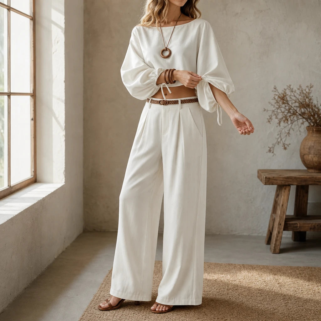 Women's Crop Top and Wide-Leg Trouser Set - Coordinated Casual