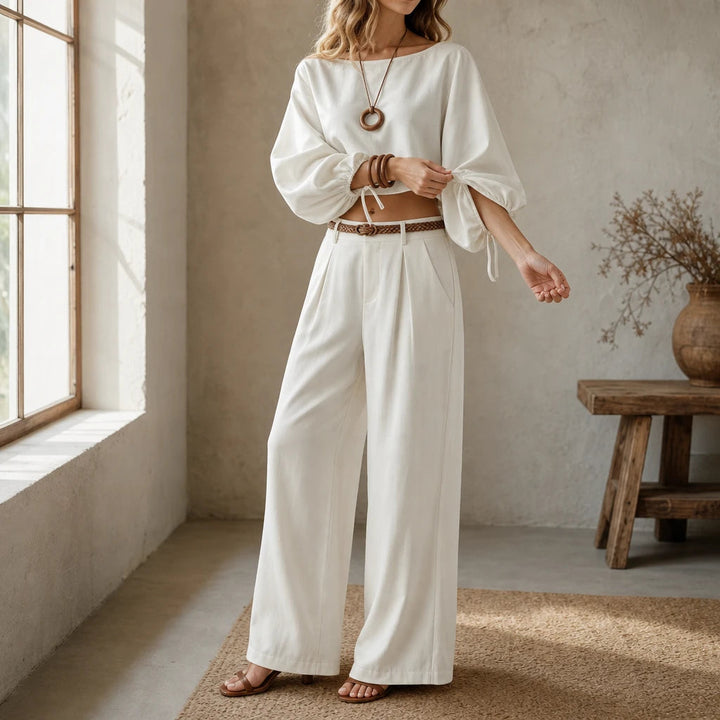 Women's Crop Top and Wide-Leg Trouser Set - Coordinated Casual