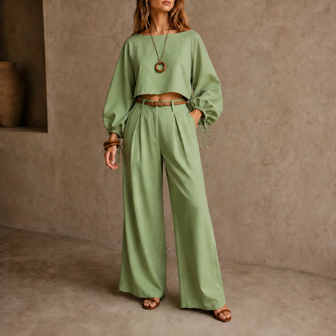 Women's Crop Top and Wide-Leg Trouser Set in green, Coordinated Casual