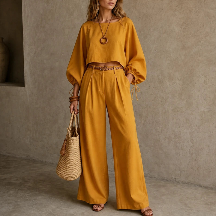Women's Crop Top and Wide-Leg Trouser Set in orange, Coordinated Casual