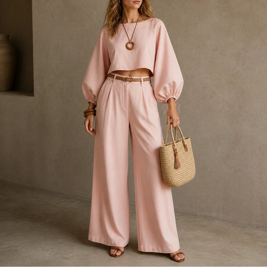 Women's Crop Top and Wide-Leg Trouser Set in pink, Coordinated Casual