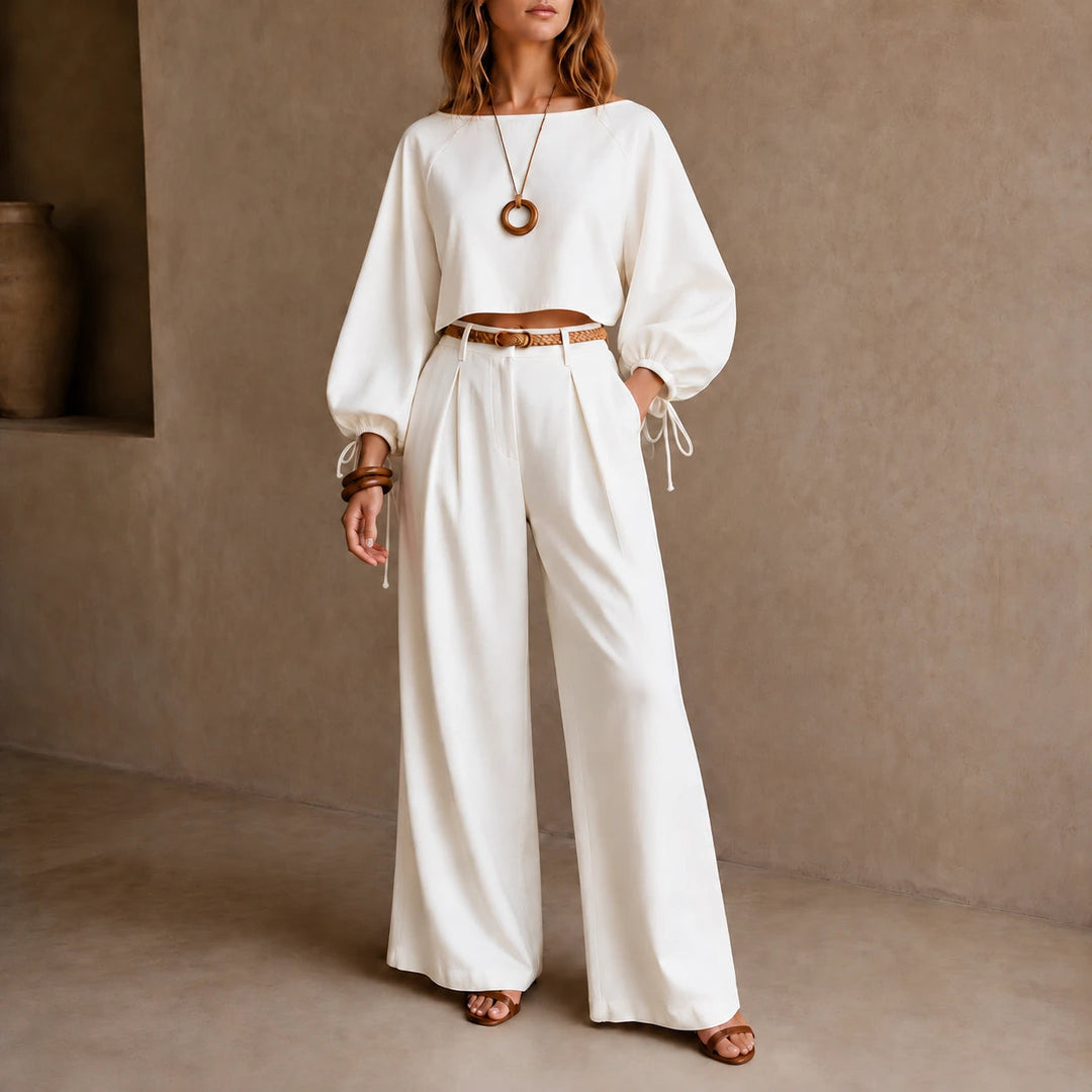 Women's Crop Top and Wide-Leg Trouser Set in white, Coordinated Casual