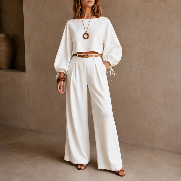 Women's Crop Top and Wide-Leg Trouser Set in white, Coordinated Casual