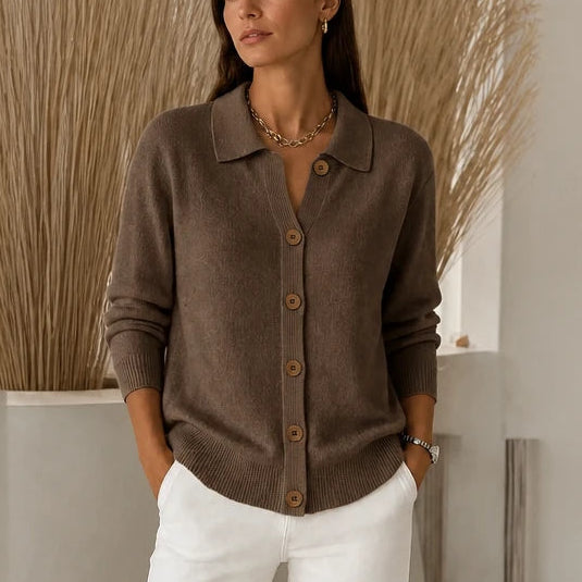 Women's Cropped Knit Cardigan with Turn-Down Collar - Brown