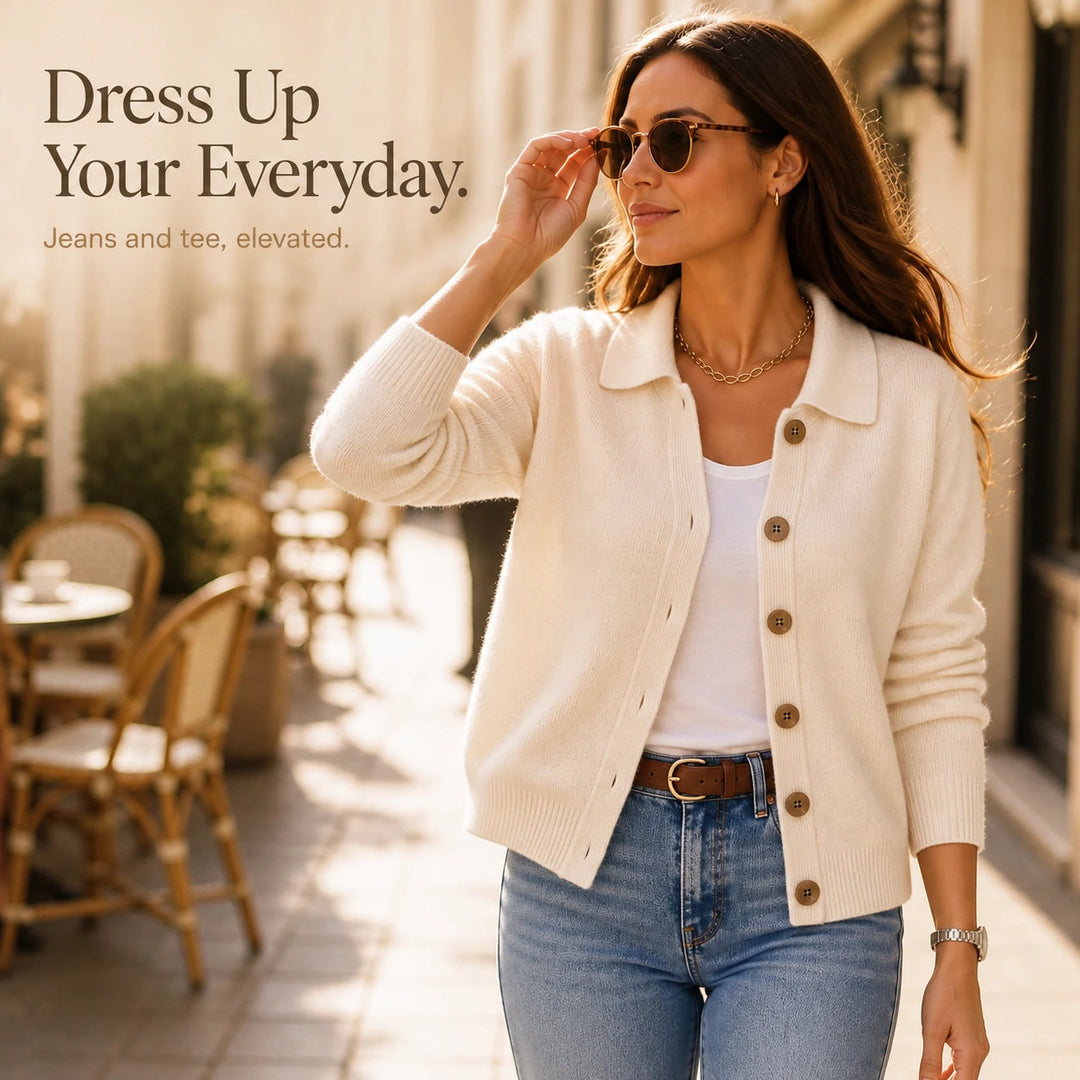 Women's Cropped Knit Cardigan with Turn-Down Collar