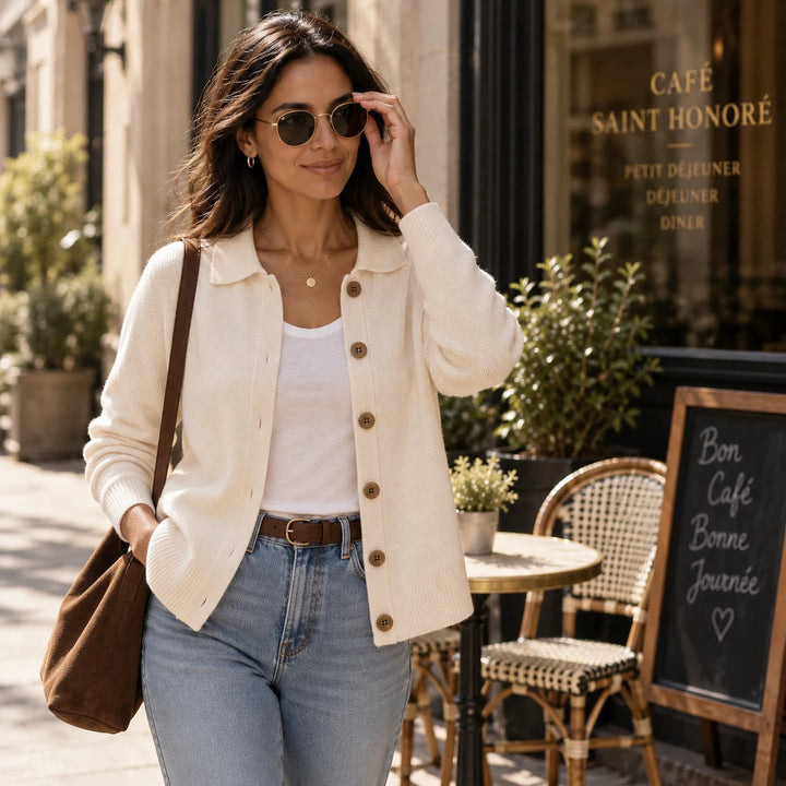 Women's Cropped Knit Cardigan with Turn-Down Collar