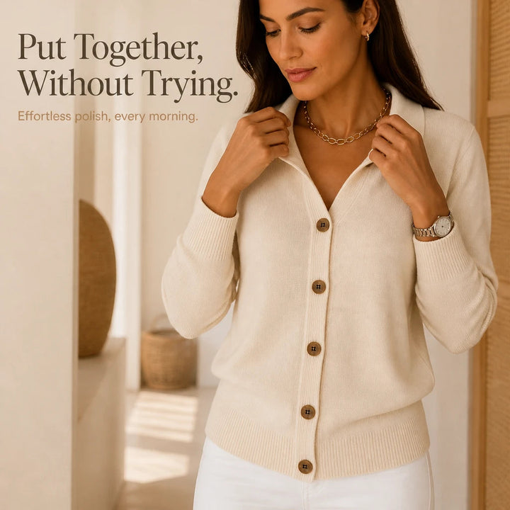 Women's Cropped Knit Cardigan with Turn-Down Collar