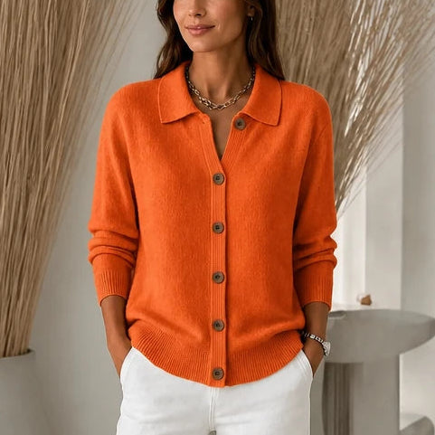Women's Cropped Knit Cardigan with Turn-Down Collar - Orange