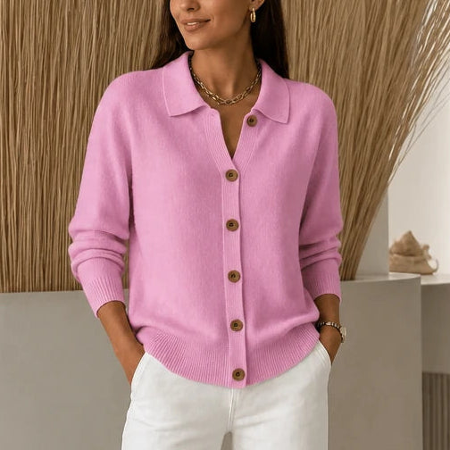 Women's Cropped Knit Cardigan with Turn-Down Collar - Pink