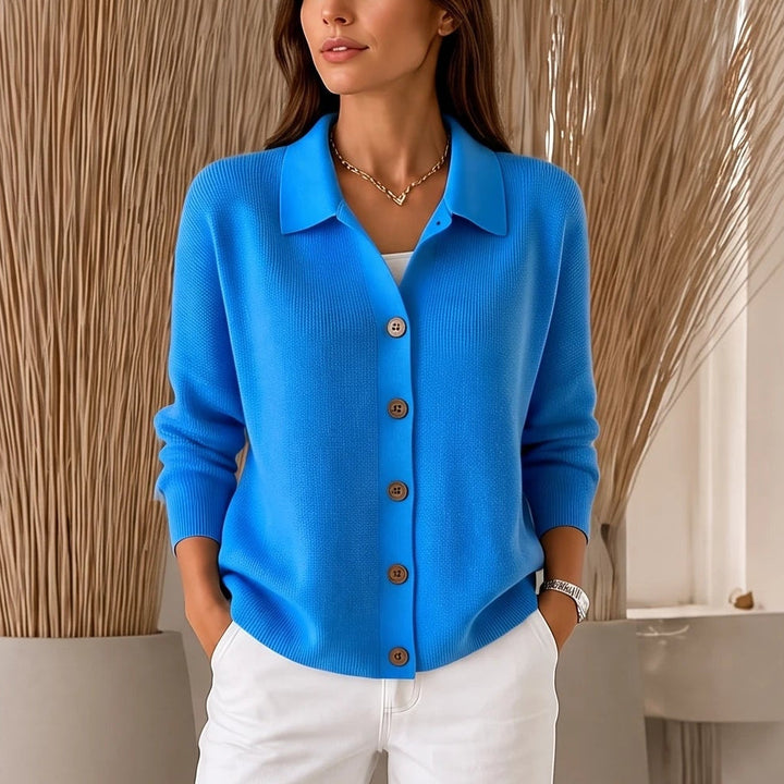 Women's Cropped Knit Cardigan with Turn-Down Collar - Sky Blue