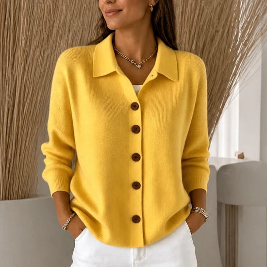 Women's Cropped Knit Cardigan with Turn-Down Collar - Yellow