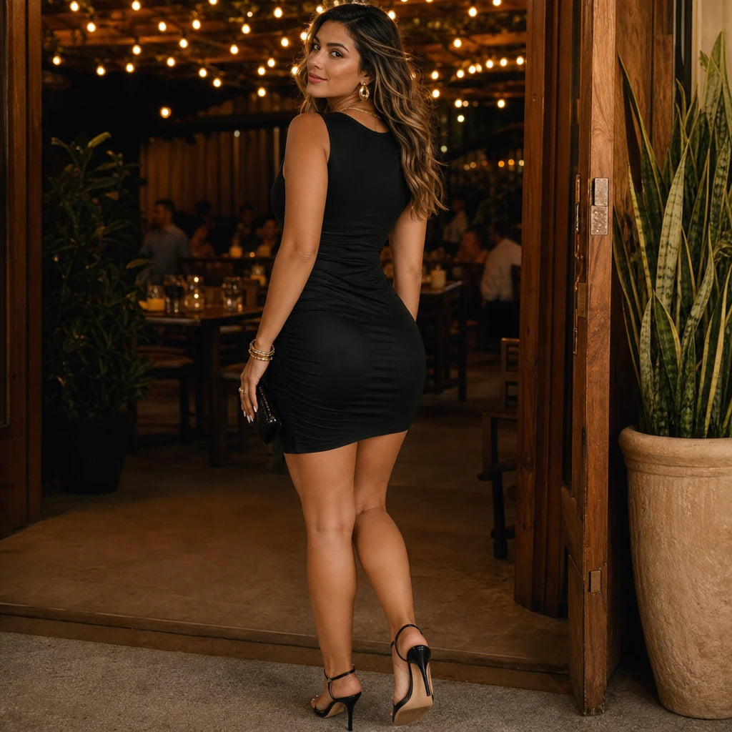 Women's Deep V-Neck Ruched Mini Dress - Black