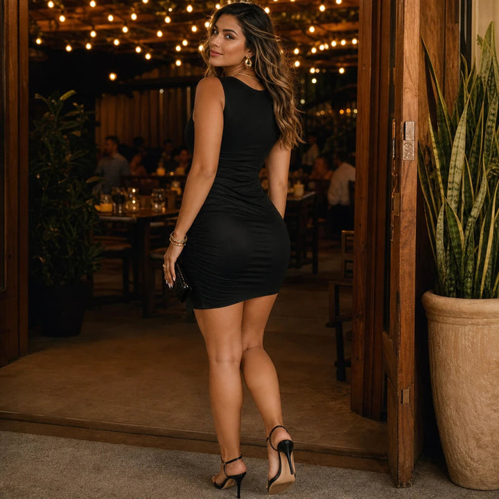 Women's Deep V-Neck Ruched Mini Dress - Black