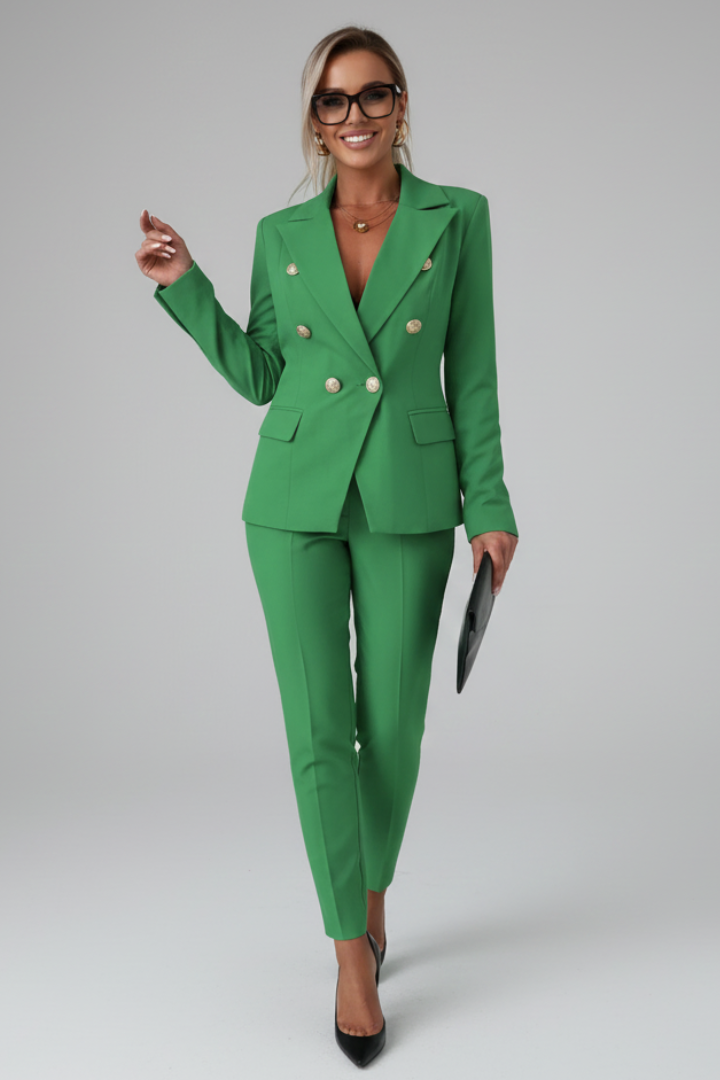 Women's Double-Breasted Blazer Suit Set in green, Tailored Two-Piece