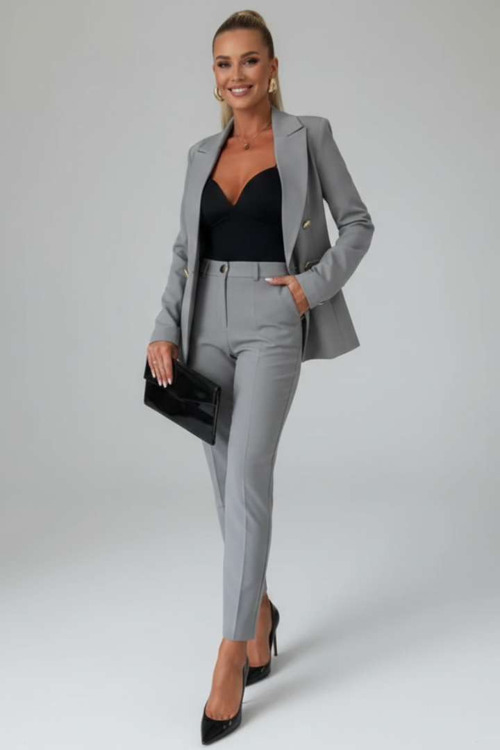 Women's Double-Breasted Blazer Suit Set in grey, Tailored Two-Piece