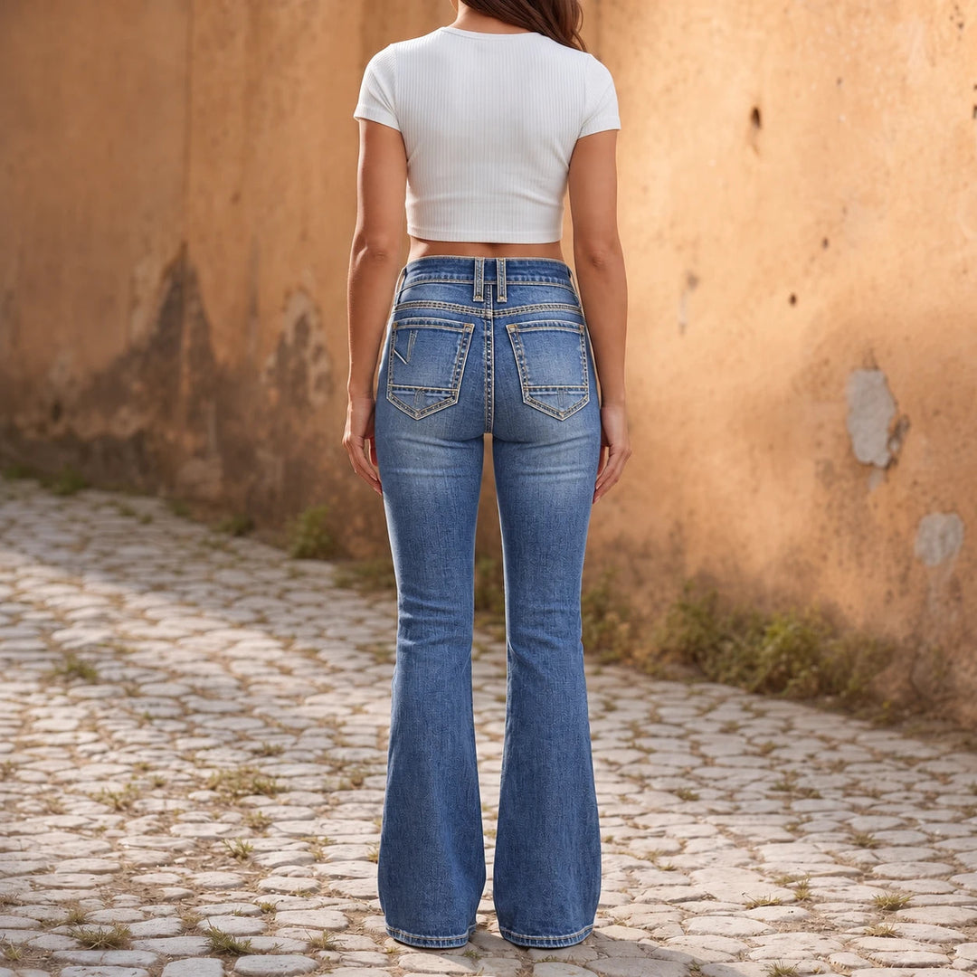 Women's Double-Button High-Waisted Bootcut Jeans - Blue