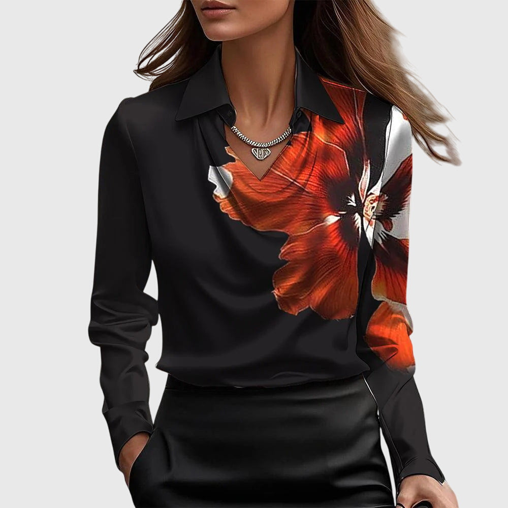 Women's Draped Blouse in black red, Elegant Neckline
