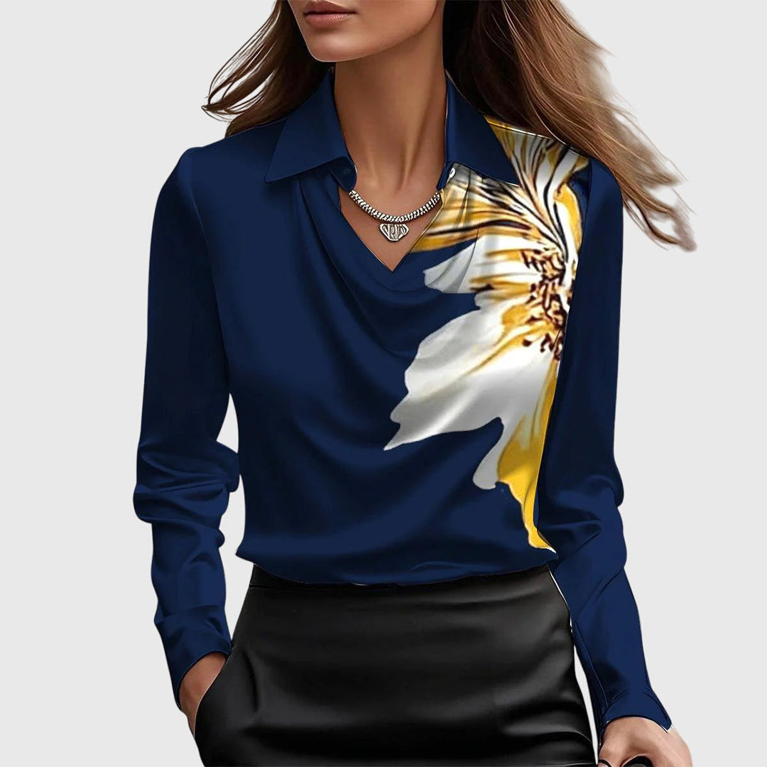 Women's Draped Blouse in dark blue, Elegant Neckline
