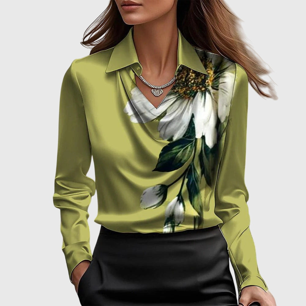Women's Draped Blouse in green, Elegant Neckline