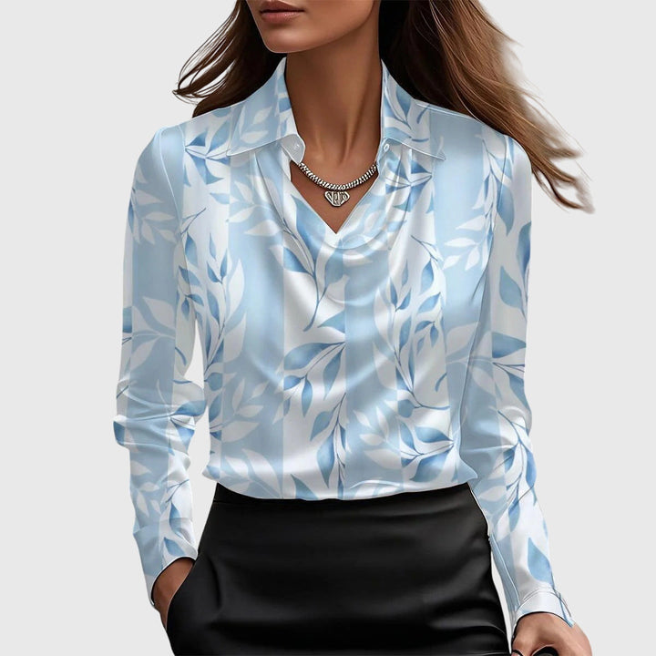 Women's Draped Blouse in light blue floral, Elegant Neckline