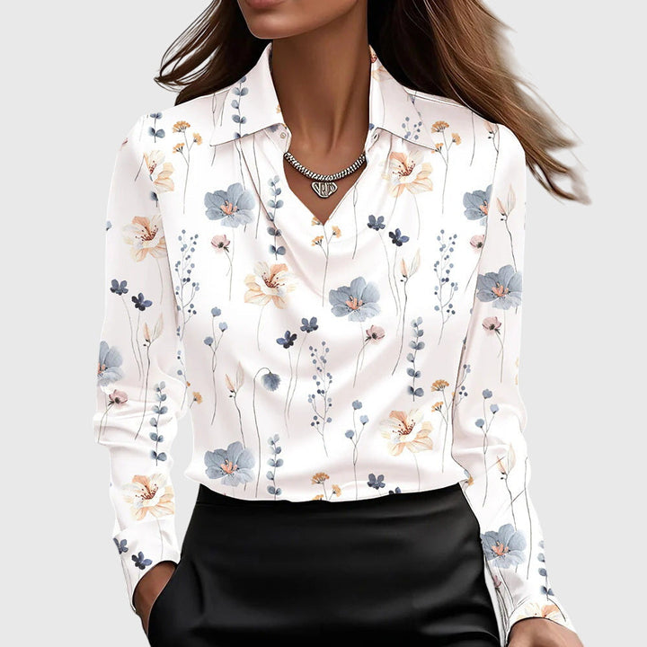 Women's Draped Blouse in white floral, Elegant Neckline