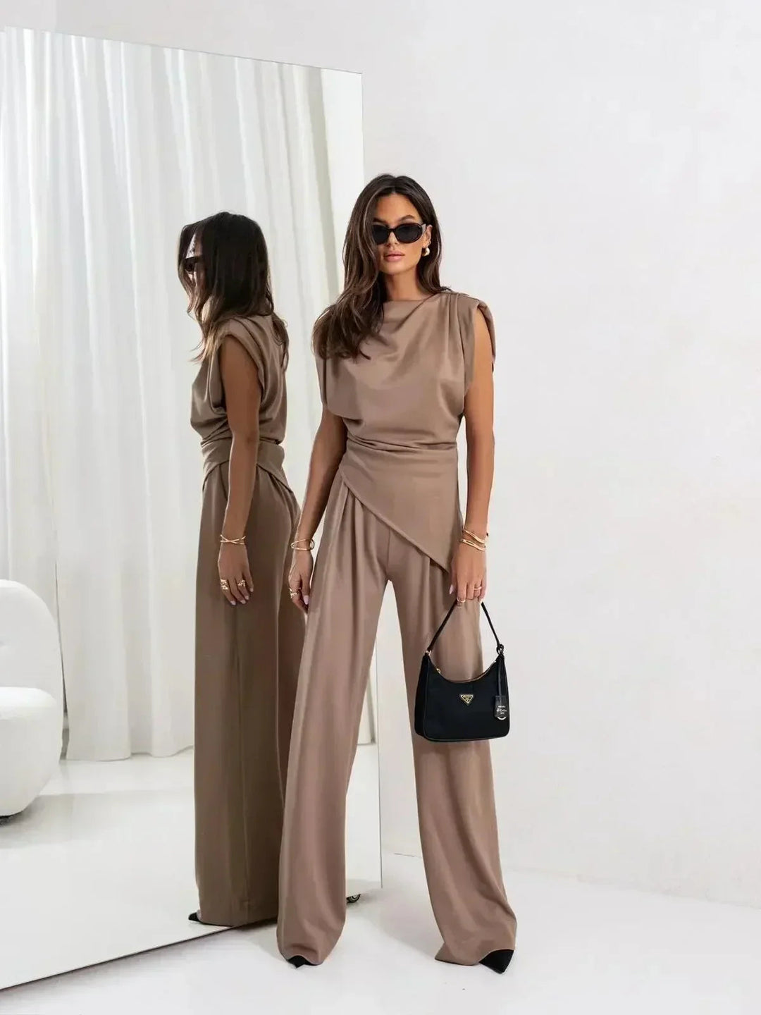Women's Draped Two-Piece Set - Wide-Leg Trousers - Brown