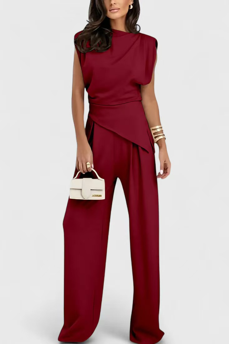 Women's Draped Two-Piece Set - Wide-Leg Trousers - Red