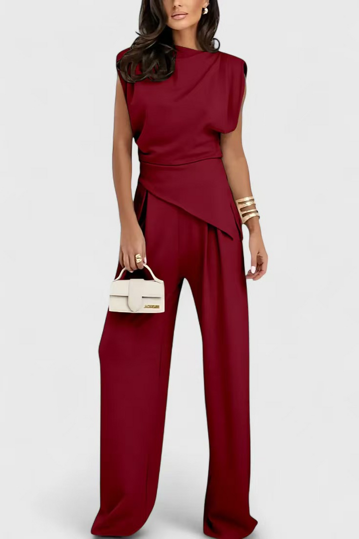 Women's Draped Two-Piece Set - Wide-Leg Trousers - Red