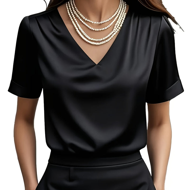 Women's Draped V-Neck Blouse in black, Elegant Short Sleeve