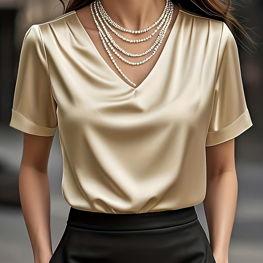 Women's Draped V-Neck Blouse in champagne, Elegant Short Sleeve