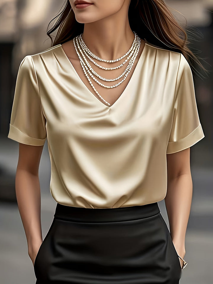Women's Draped V-Neck Blouse - Elegant Short Sleeve