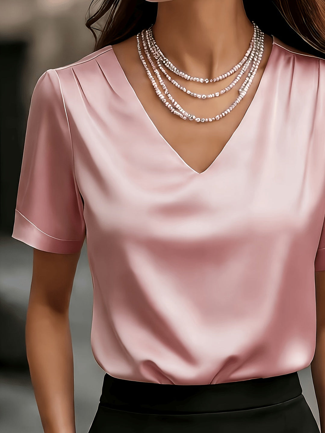 Women's Draped V-Neck Blouse - Elegant Short Sleeve