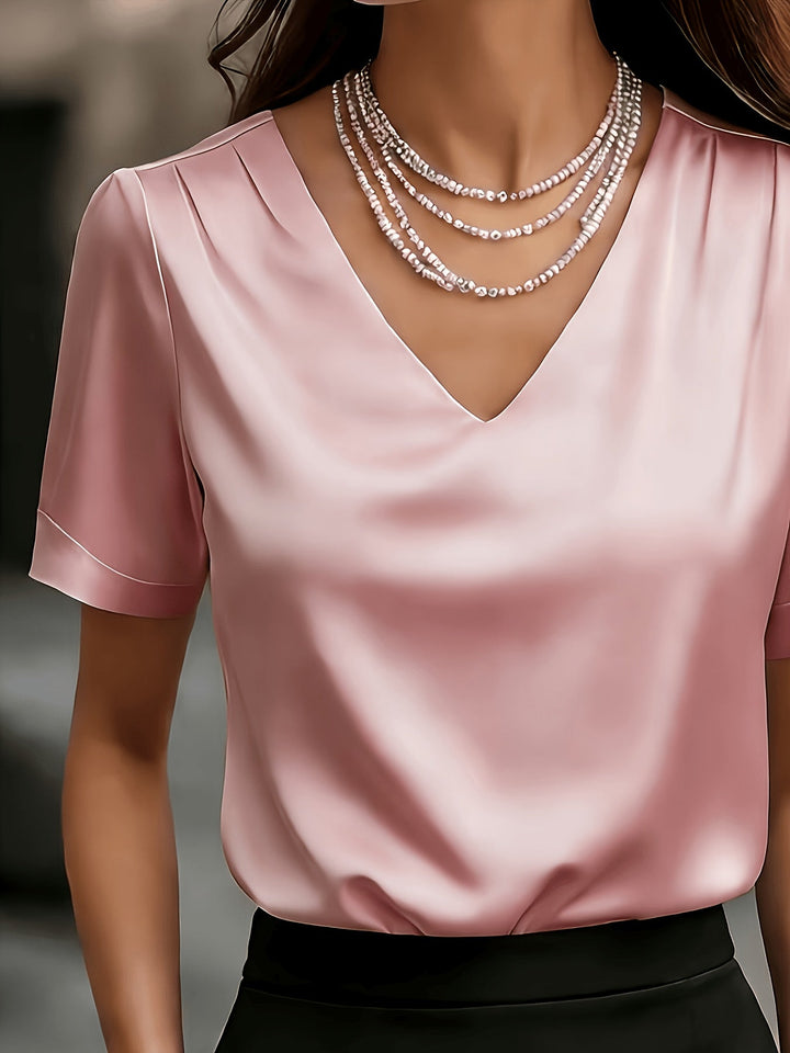 Women's Draped V-Neck Blouse - Elegant Short Sleeve