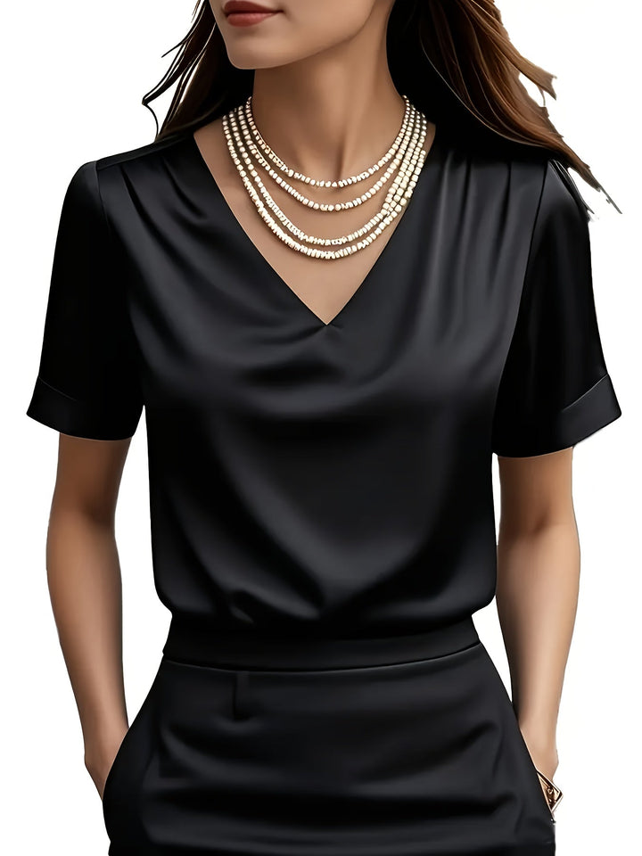 Women's Draped V-Neck Blouse - Elegant Short Sleeve