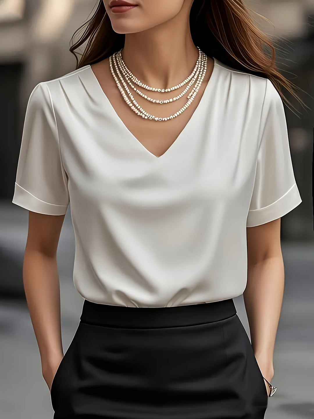 Women's Draped V-Neck Blouse - Elegant Short Sleeve
