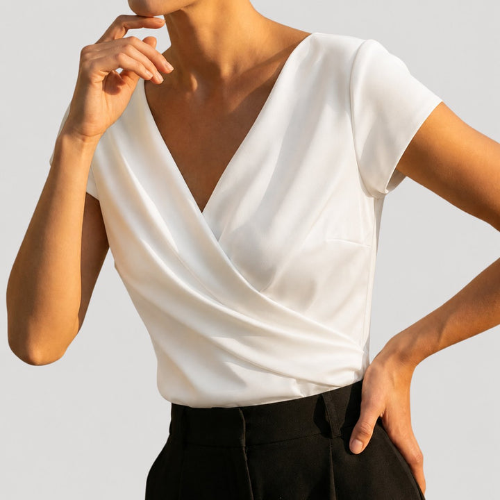 Women's Draped Wrap-Front Blouse - Elegant V-Neck Short Sleeve