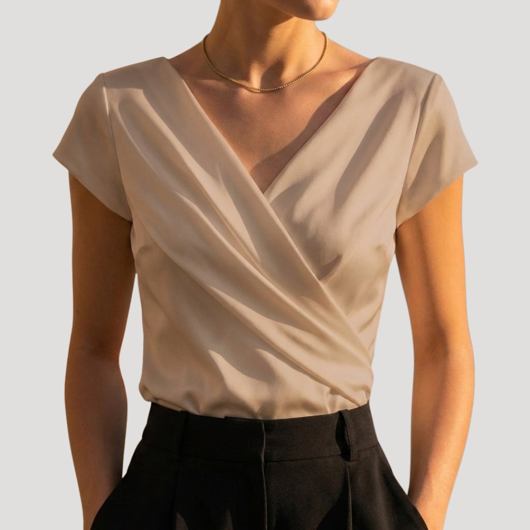 Women's Draped Wrap-Front Blouse in khaki, Elegant V-Neck Short Sleeve