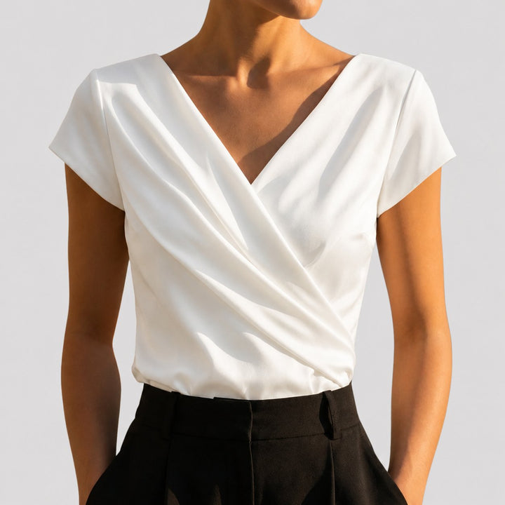 Women's Draped Wrap-Front Blouse in white, Elegant V-Neck Short Sleeve