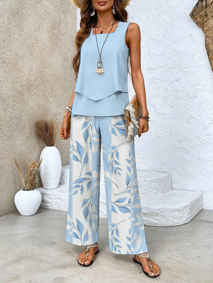 Women's Elegant Two-Piece Set - Lightweight Blouse & Shorts - Blue