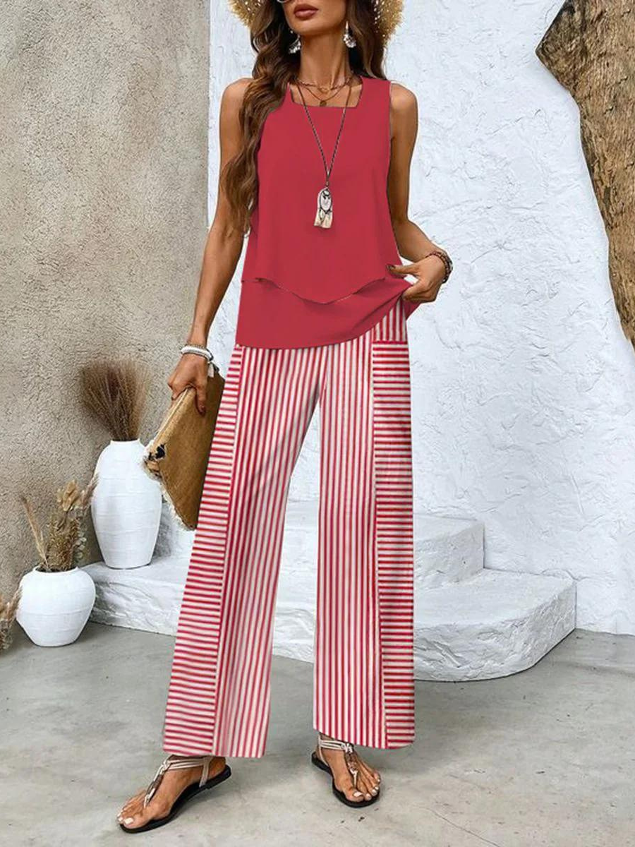 Women's Elegant Two-Piece Set - Lightweight Blouse & Shorts - Red