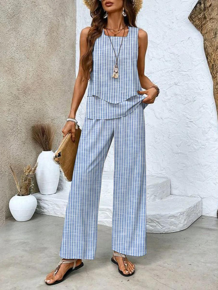 Women's Elegant Two-Piece Set - Lightweight Blouse & Shorts - Striped