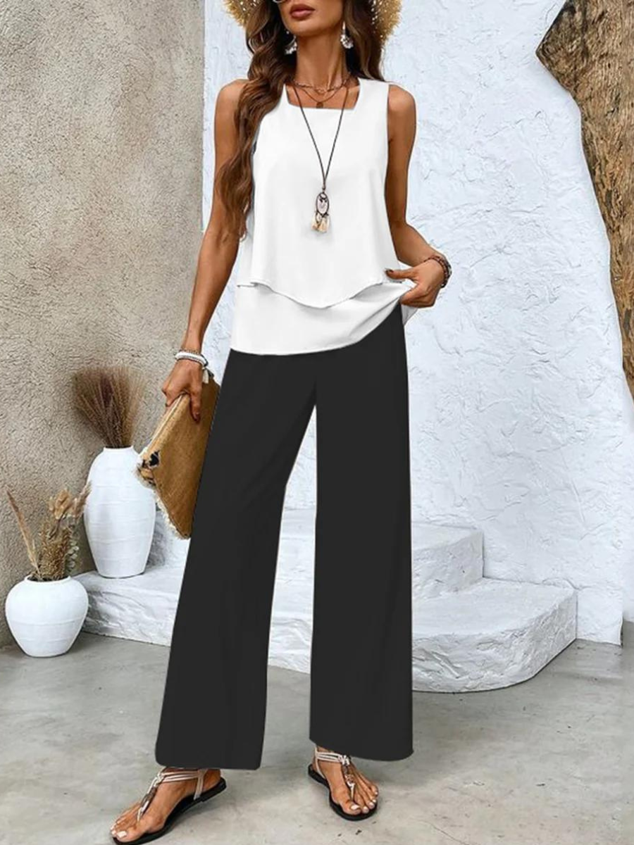 Women's Elegant Two-Piece Set - Lightweight Blouse & Shorts - White & Black