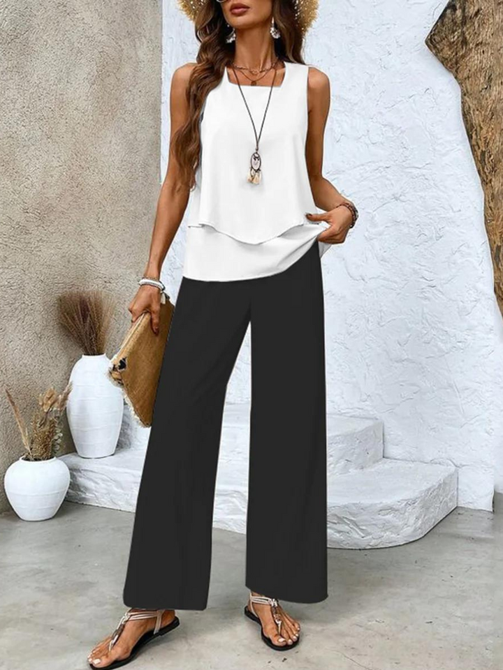 Women's Elegant Two-Piece Set - Lightweight Blouse & Shorts - White & Black