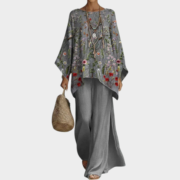 Women's Embroidered Boho Two-Piece Set - Floral - Gray