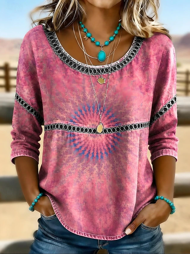 Women's Eyelet Bohemian Top in pink, Relaxed Fit 3/4 Sleeve