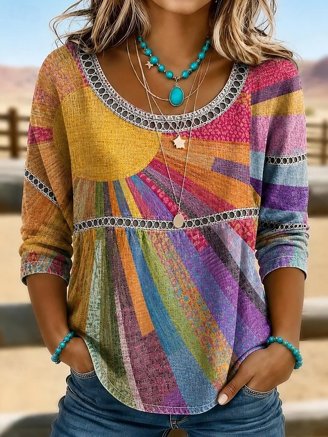 Women's Eyelet Bohemian Top in rainbow, Relaxed Fit 3/4 Sleeve