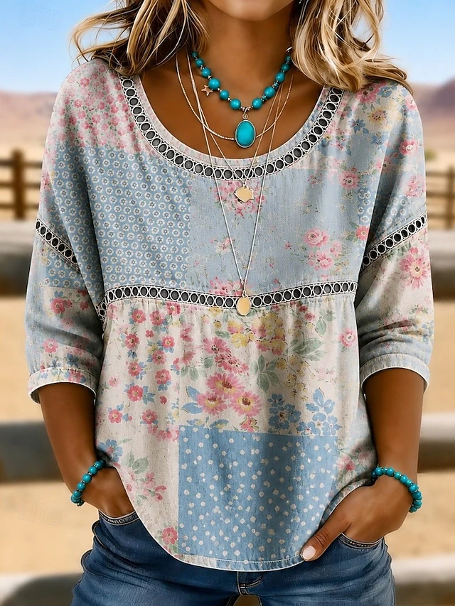 Women's Eyelet Bohemian Top in sage green, Relaxed Fit 3/4 Sleeve