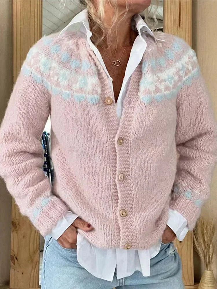 Women's Fair Isle Knit Button Cardigan - Classic Pattern Layer