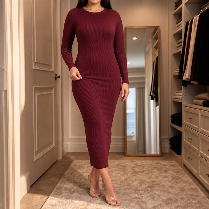 Women's Fine Ribbed Long-Sleeve Bodycon Maxi Dress