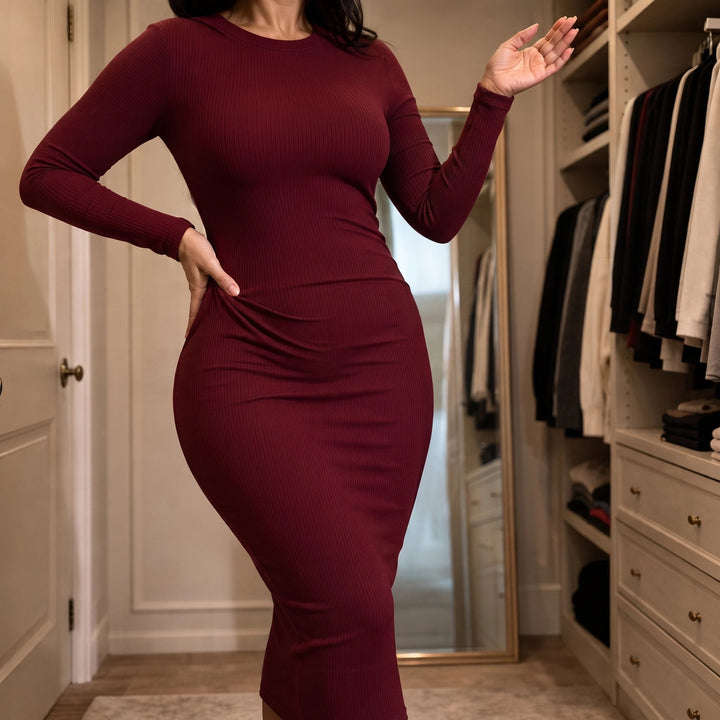 Women's Fine Ribbed Long-Sleeve Bodycon Maxi Dress